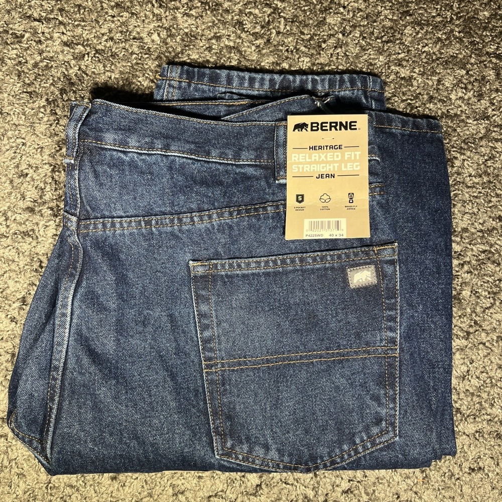 Berne‎ Men's 40x34 Relaxed Fit Straight Leg Heritage Jean Stone Wash Dark Blue